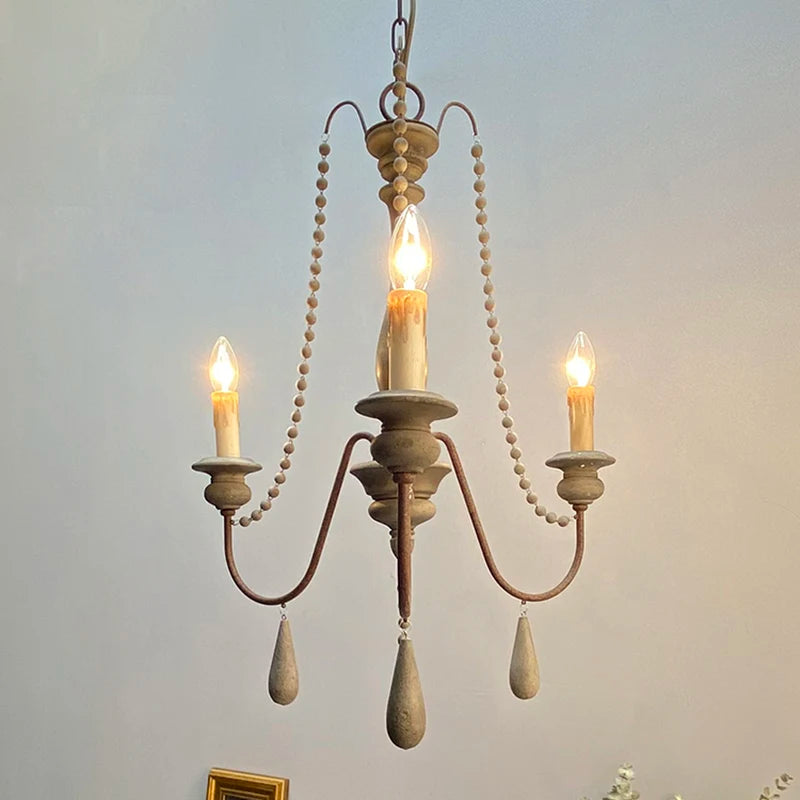 Vintage White Wooden Beads Chandelier – Elegant Foyer & Lobby Pendant Light