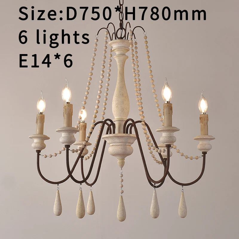 Vintage White Wooden Beads Chandelier – Elegant Foyer & Lobby Pendant Light