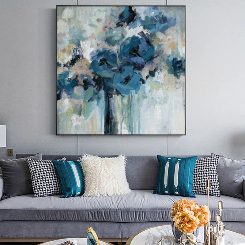 Modern Abstract Blue Floral Canvas Wall Art Square Format Unframed
