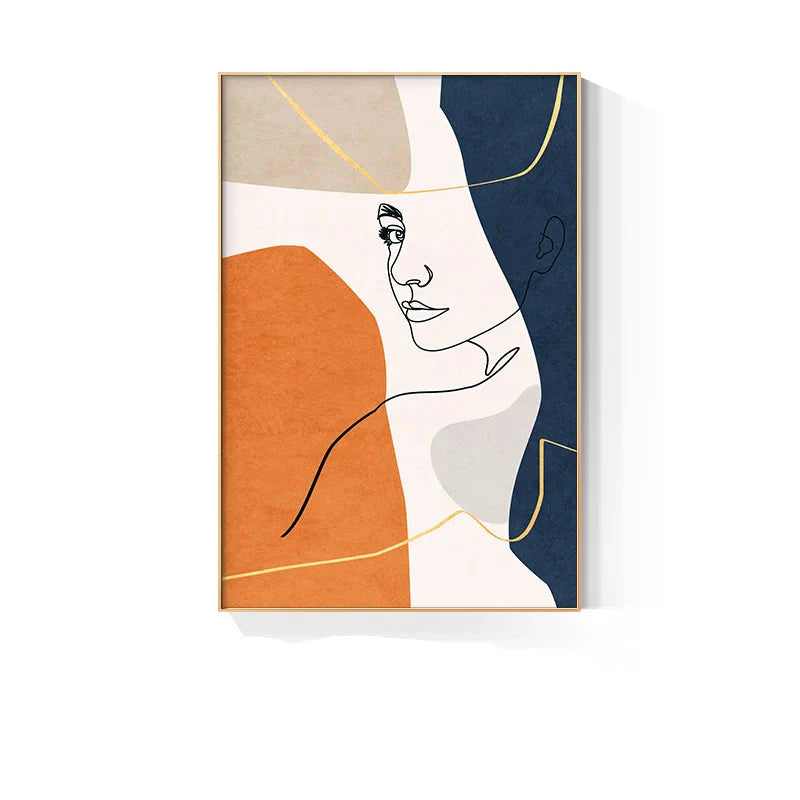 Bold Blue Orange Beige Abstract Line Art Face Canvas Wall Art Unframed