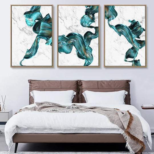 Modern Abstract Flowing Jade Silk Canvas Wall Art Unframed