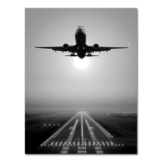 Black and White Airplane Takeoff Canvas Wall Art
