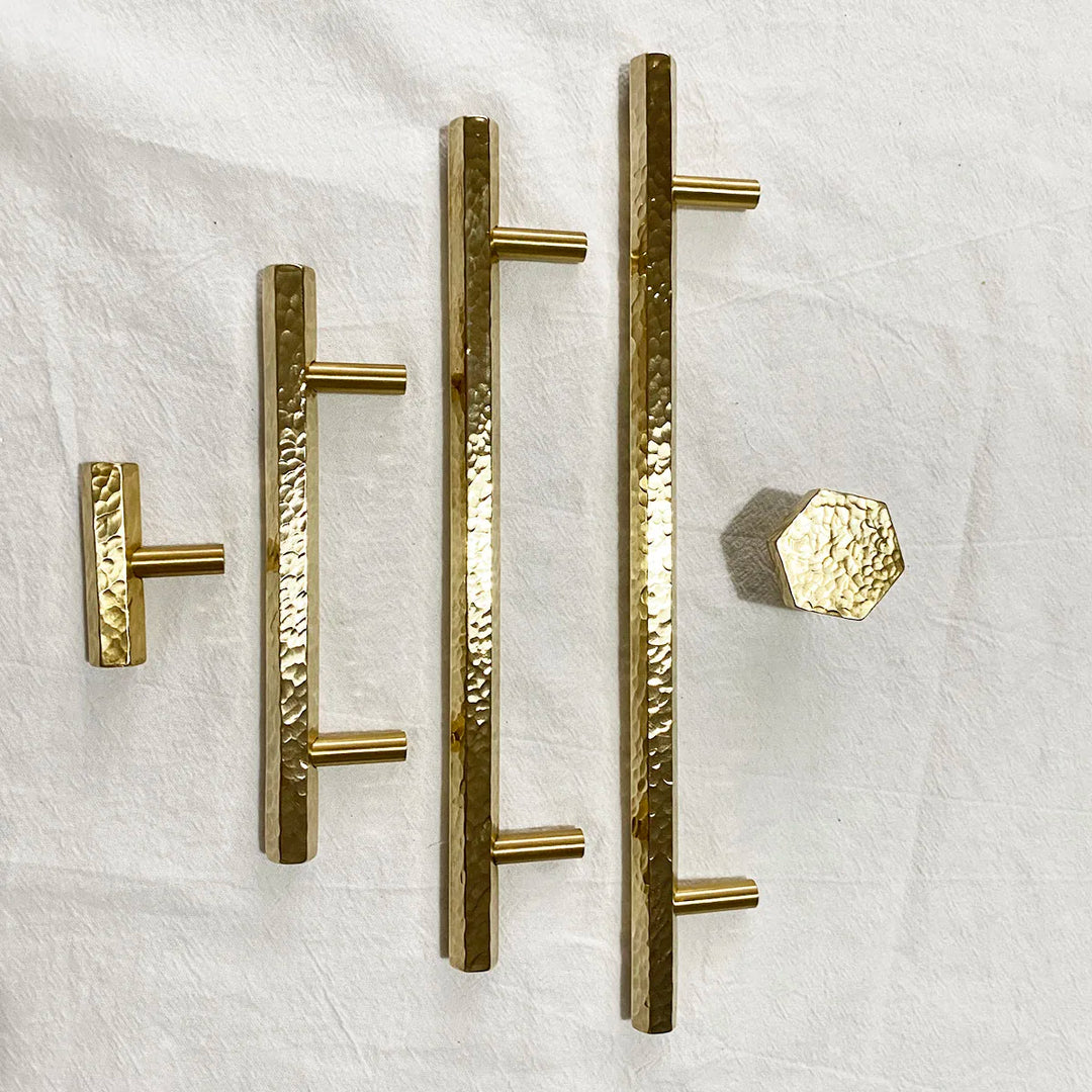 LUX Brass Hammered Hexagonal T-Bar Handles – Long Pulls for Cabinets and Wardrobes (600–1000mm)