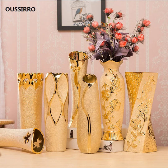 Gold Plated Ceramic Decorative Flower Vase for Home and Events