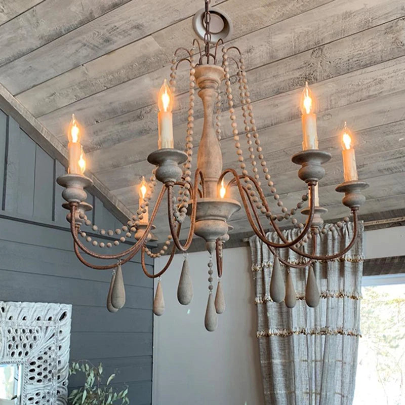 Vintage White Wooden Beads Chandelier – Elegant Foyer & Lobby Pendant Light