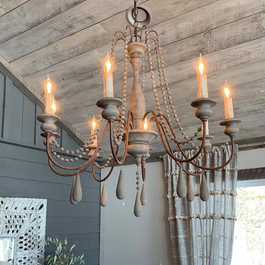 Vintage White Wooden Beads Chandelier – Elegant Foyer & Lobby Pendant Light
