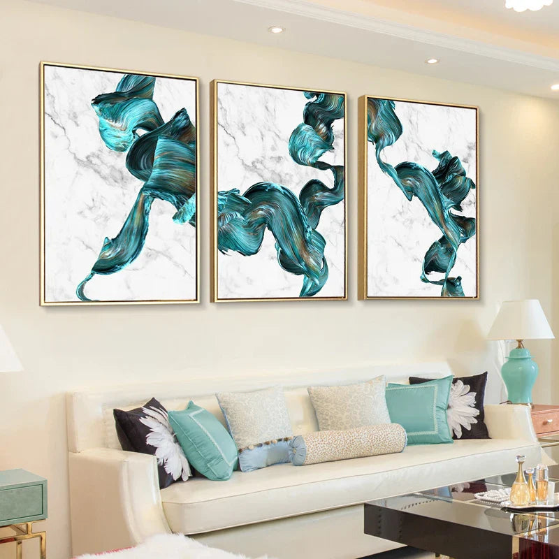 Modern Abstract Flowing Jade Silk Canvas Wall Art Unframed