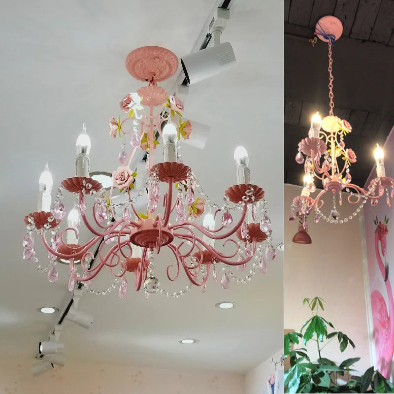Pink Rose Crystal Wedding Chandelier – Romantic Semi-Flush Ceiling Light
