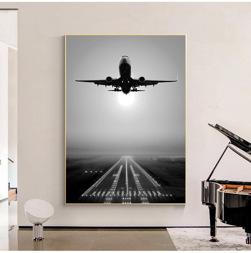 Black and White Airplane Takeoff Canvas Wall Art