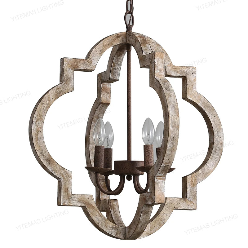 Vintage Solid Wood Chandelier – French American Style Retro White 4-Light Pendant