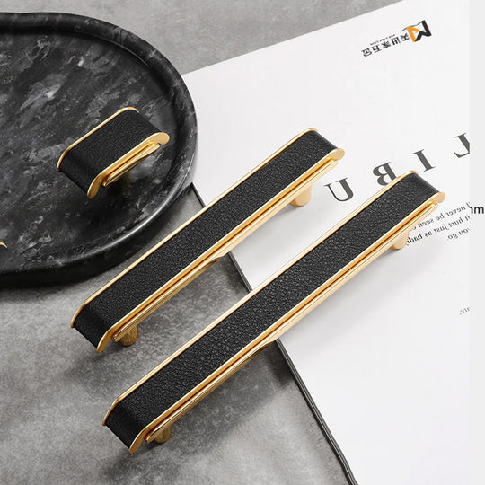 Black Leather and Gold Zinc Alloy Cabinet Handle – Luxury Pull for Wardrobes and Dressers (128mm)
