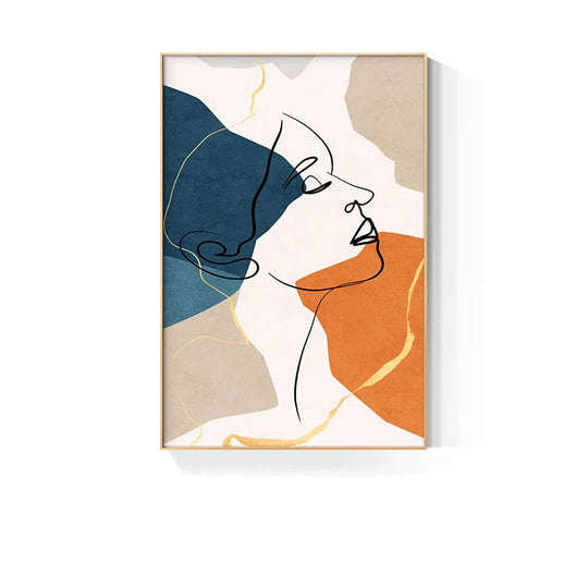 Bold Blue Orange Beige Abstract Line Art Face Canvas Wall Art Unframed