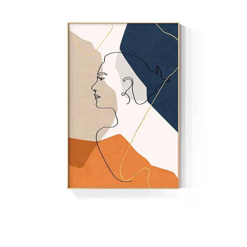 Bold Blue Orange Beige Abstract Line Art Face Canvas Wall Art Unframed