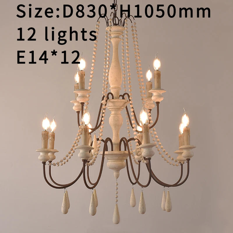 Vintage White Wooden Beads Chandelier – Elegant Foyer & Lobby Pendant Light