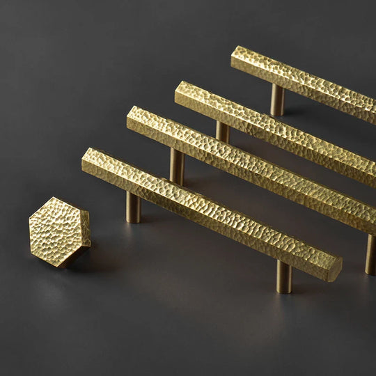 LUX Brass Hammered Hexagonal T-Bar Handles – Long Pulls for Cabinets and Wardrobes (600–1000mm)