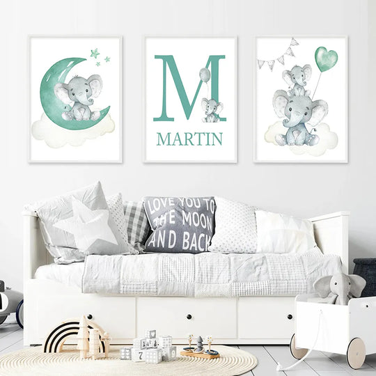 Personalized Baby Name Elephant Moon Nursery Canvas Wall Art Unframed