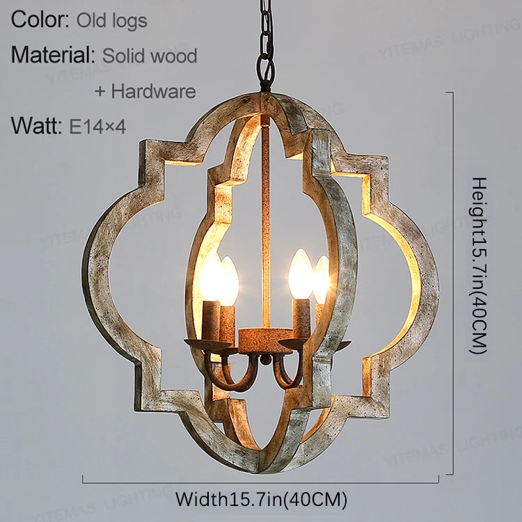 Vintage Solid Wood Chandelier – French American Style Retro White 4-Light Pendant