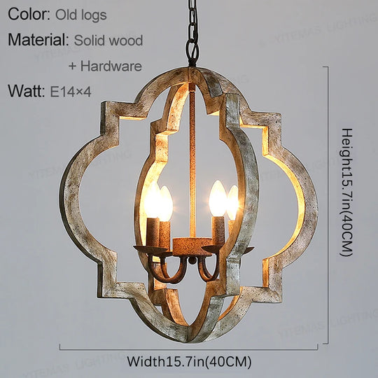 Vintage Solid Wood Chandelier – French American Style Retro White 4-Light Pendant