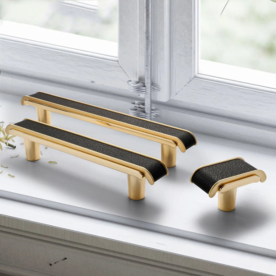 Black Leather and Gold Zinc Alloy Cabinet Handle – Luxury Pull for Wardrobes and Dressers (128mm)