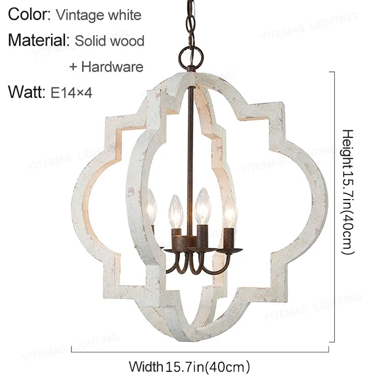 Vintage Solid Wood Chandelier – French American Style Retro White 4-Light Pendant