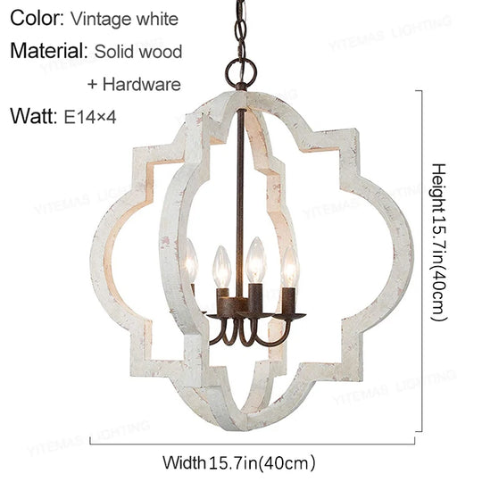 Vintage Solid Wood Chandelier – French American Style Retro White 4-Light Pendant