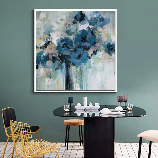 Modern Abstract Blue Floral Canvas Wall Art Square Format Unframed