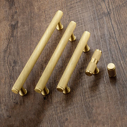Gold Knurled Brass Cabinet Handles – Modern T-Bar Pulls and Knobs for Furniture