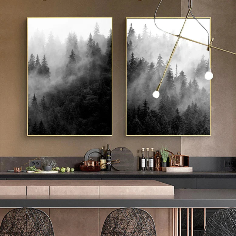 Misty Forest Black White Landscape Wall Art Canvas Print