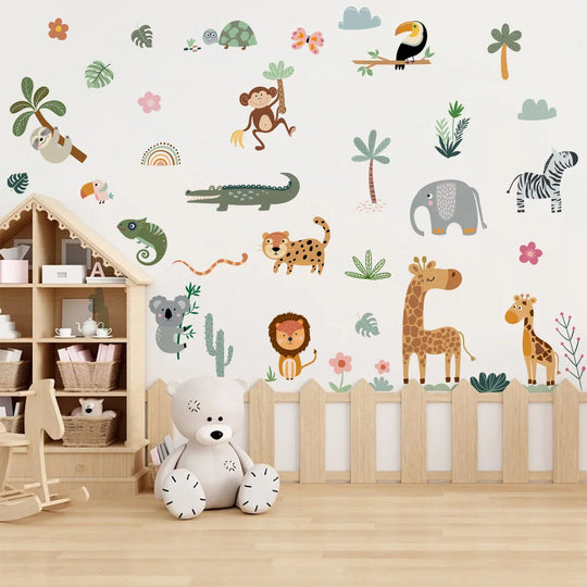Jungle Safari Cartoon Animal Wall Decals For Kids Room Decor