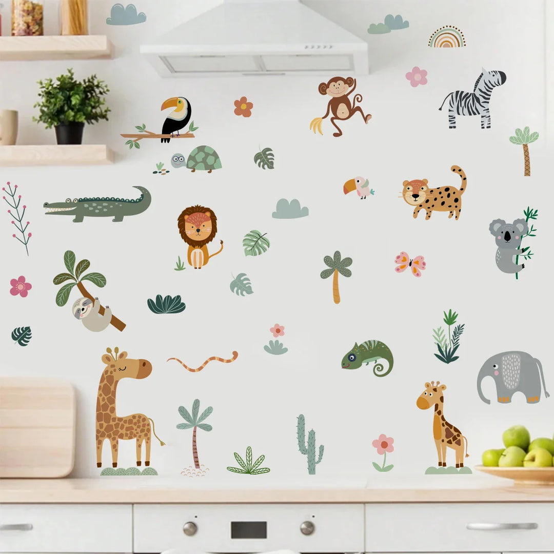 Jungle Safari Cartoon Animal Wall Decals For Kids Room Decor