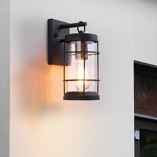 Waterproof Iron Glass Lantern Black Retro Rustic Exterior Wall Light