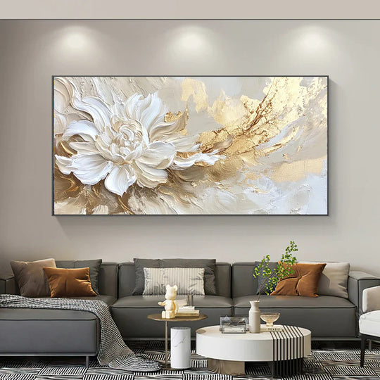 Large Format Golden White Floral Abstract Canvas Wall Art