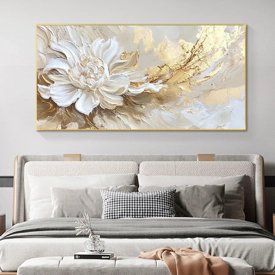 Large Format Golden White Floral Abstract Canvas Wall Art