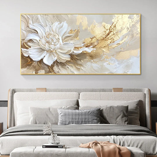 Large Format Golden White Floral Abstract Canvas Wall Art