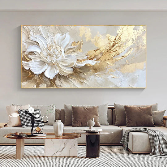 Large Format Golden White Floral Abstract Canvas Wall Art