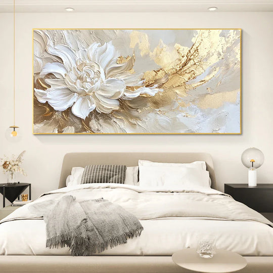 Large Format Golden White Floral Abstract Canvas Wall Art
