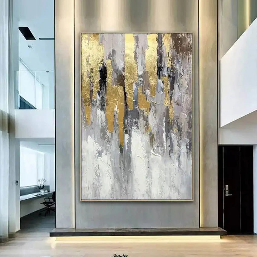 Large Hand Painted Golden Grey Textured Abstract Canvas Wall Art
