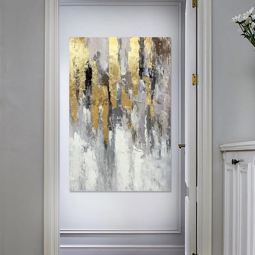 Large Hand Painted Golden Grey Textured Abstract Canvas Wall Art