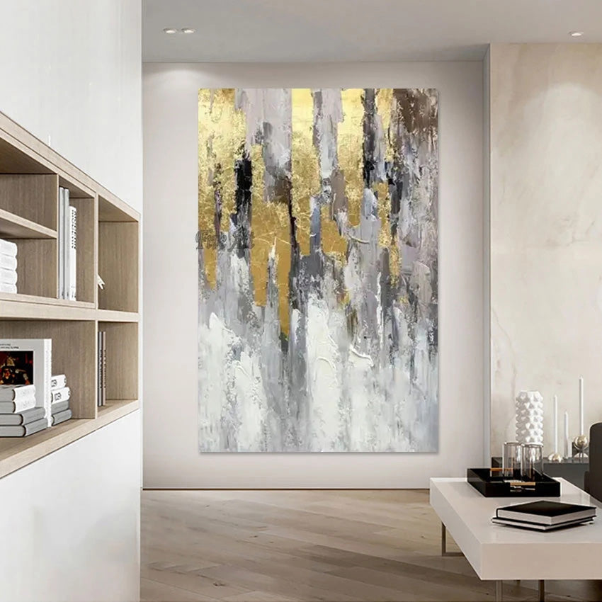 Large Hand Painted Golden Grey Textured Abstract Canvas Wall Art