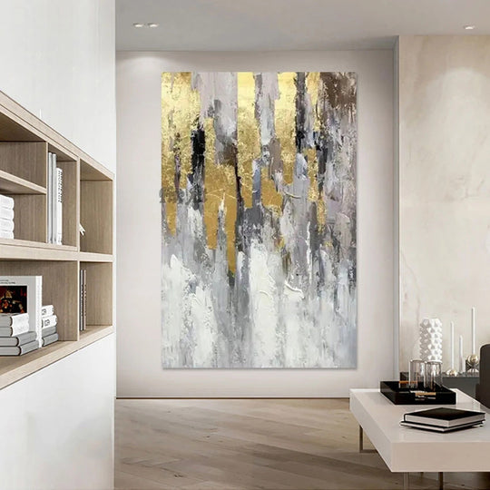 Large Hand Painted Golden Grey Textured Abstract Canvas Wall Art