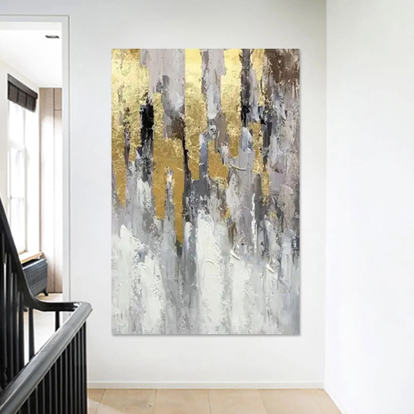 Large Hand Painted Golden Grey Textured Abstract Canvas Wall Art