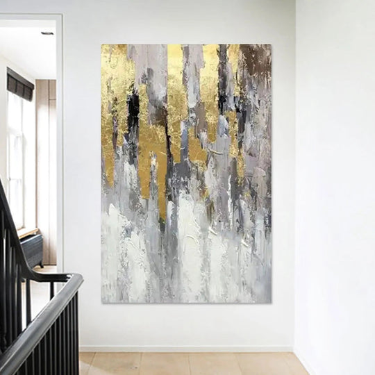 Large Hand Painted Golden Grey Textured Abstract Canvas Wall Art