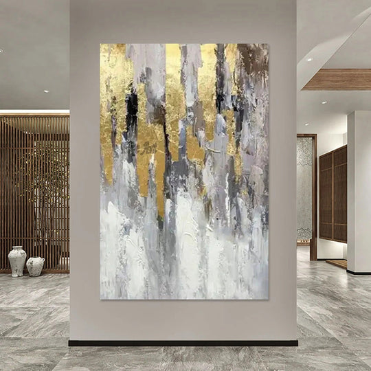 Large Hand Painted Golden Grey Textured Abstract Canvas Wall Art