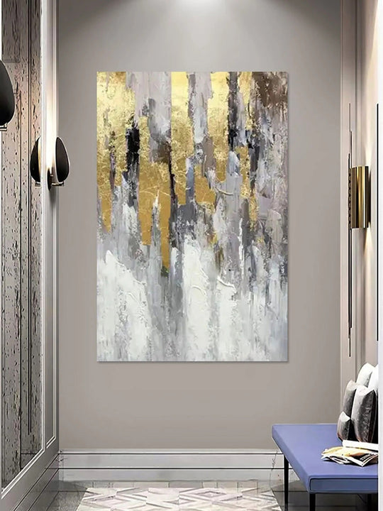 Large Hand Painted Golden Grey Textured Abstract Canvas Wall Art