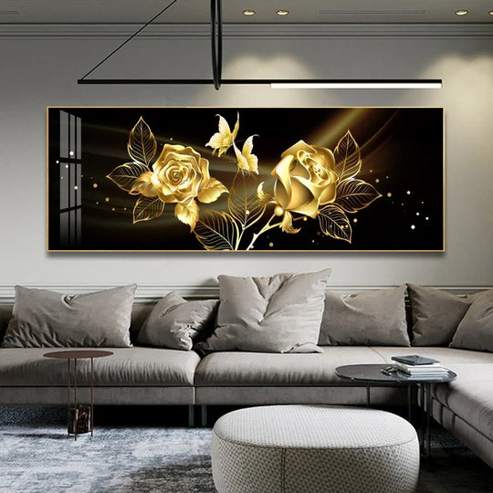 Black Golden Rose Floral Wide Format Canvas Wall Art