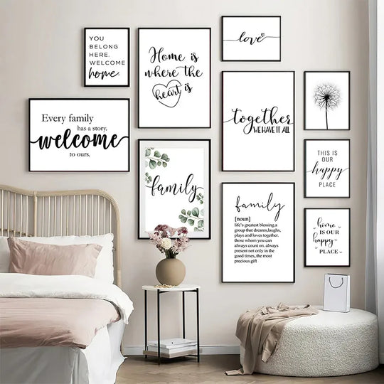 Love Family Home Quote Black White Canvas Wall Art