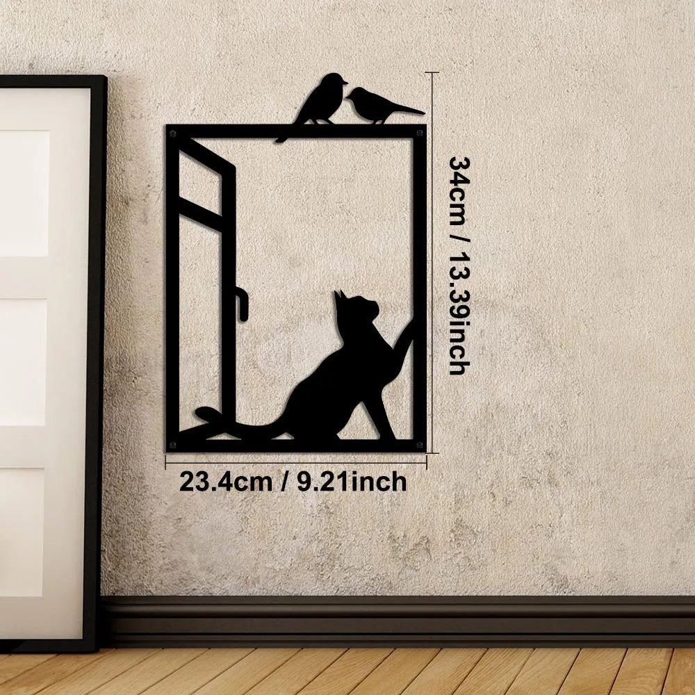 Birds and Cat Silhouette Black Metal Wall Art Decor