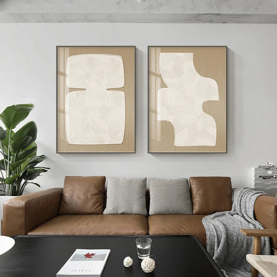 Minimalist Abstract Cream Beige Geometric Canvas Wall Art Unframed