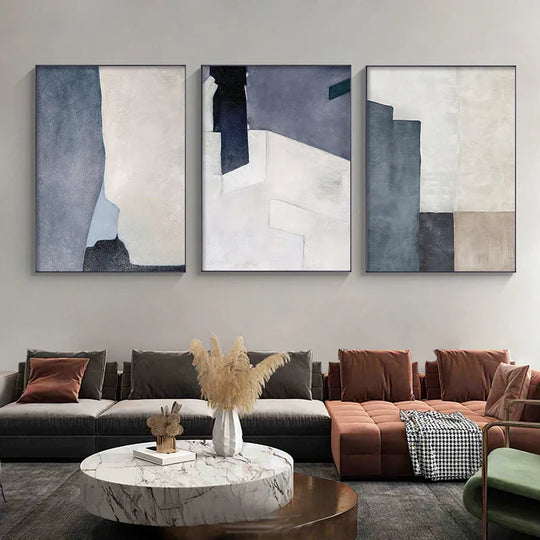 Minimalist Blue Beige Geometric Abstract Canvas Wall Art Unframed