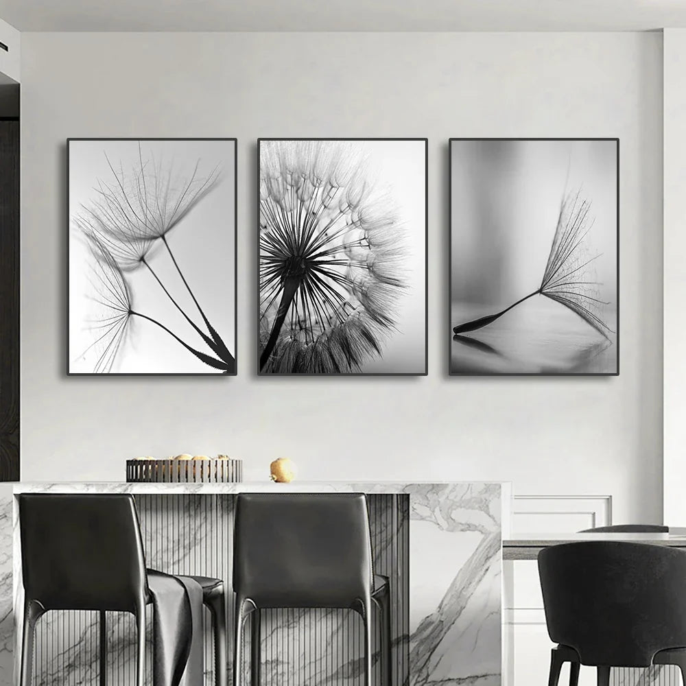 Minimalist Dandelion Wisps Black White Canvas Wall Art Unframed